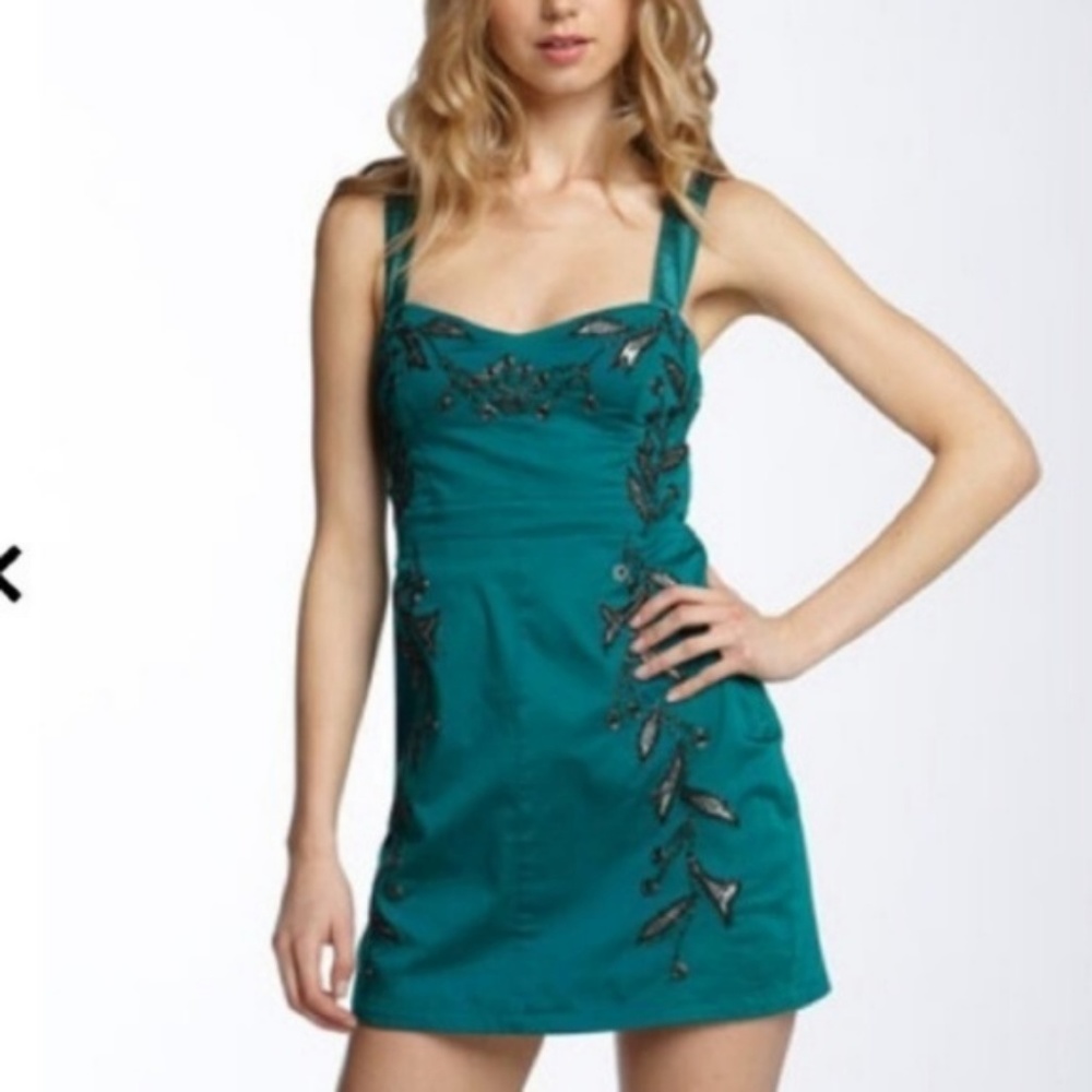Free People dress Ocean (teal) black embellishment satin ties NWT sz4